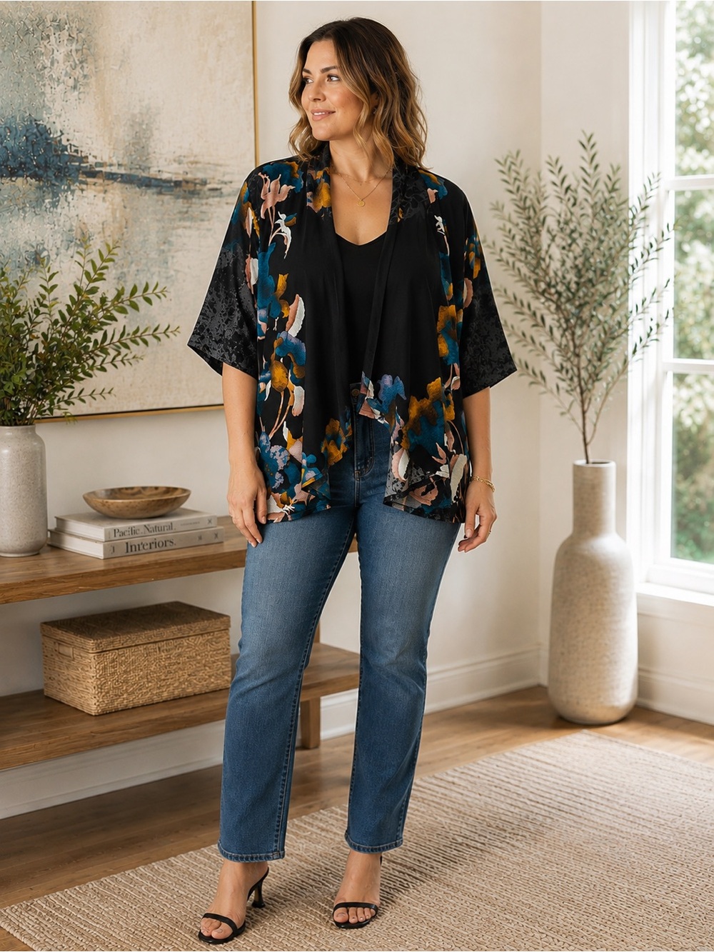 CITRON SANTA MONICA Black Floral Art to Wear Kimono Top Plus Size 1X